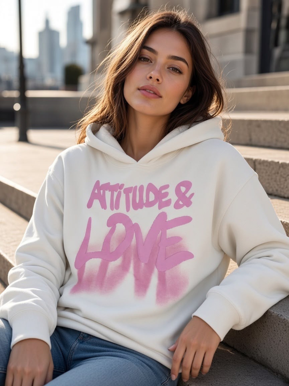 Zara Cream Hoodie Sweater with Pink 'Attitude & Love' Graphic